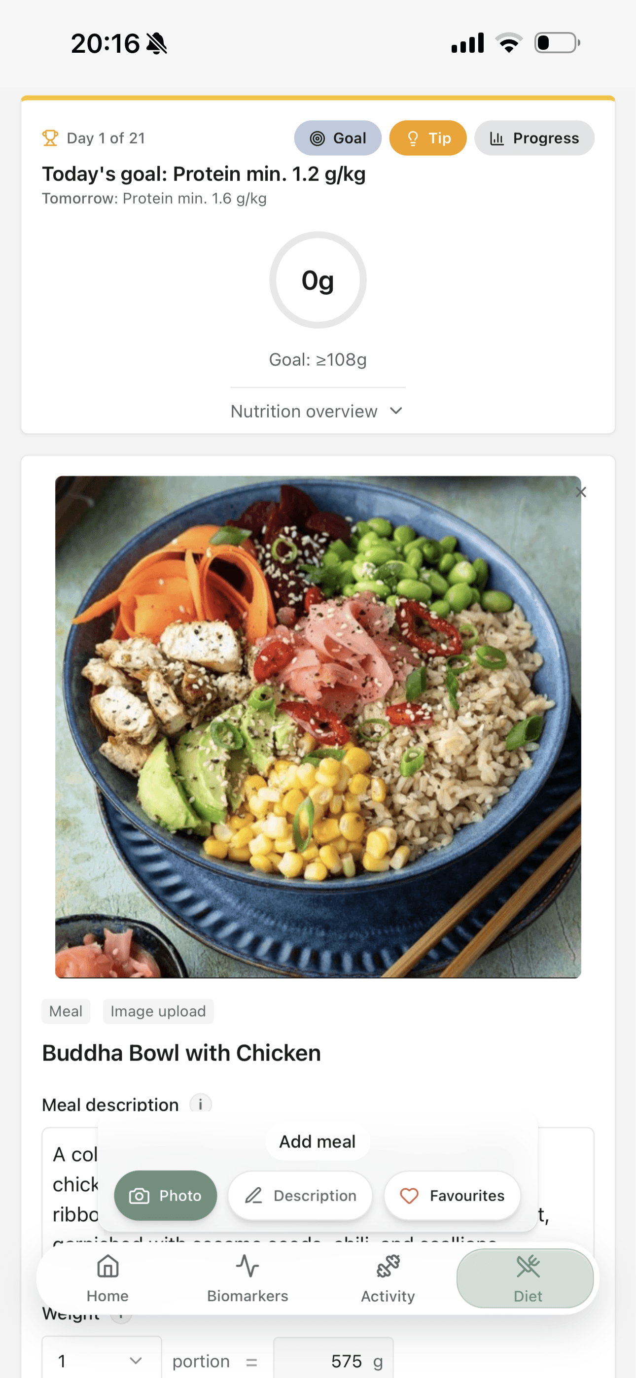 Optimals app – posilki