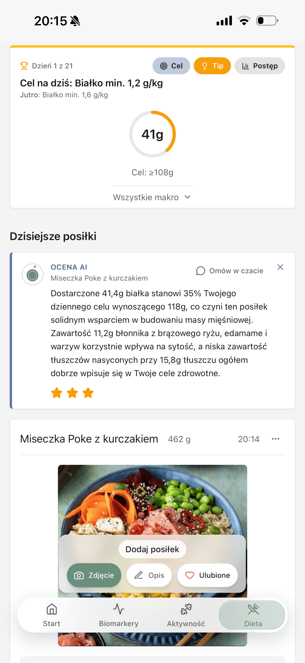 Optimals app – posilki